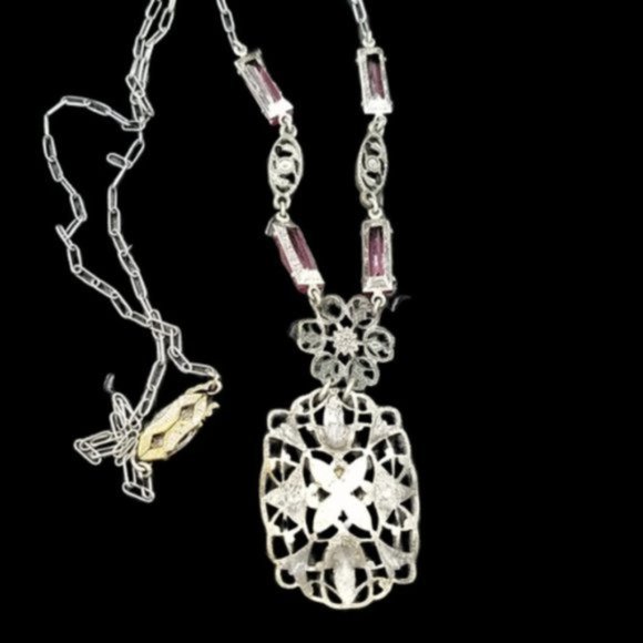 Art Deco Pink Glass Marcasite Filigree Necklace - Picture 5 of 5
